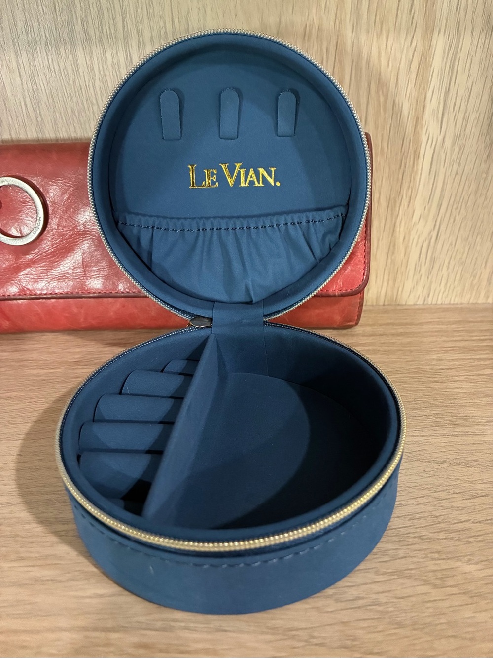 Le Vian Navy and Gold Round Travel Jewelry Case